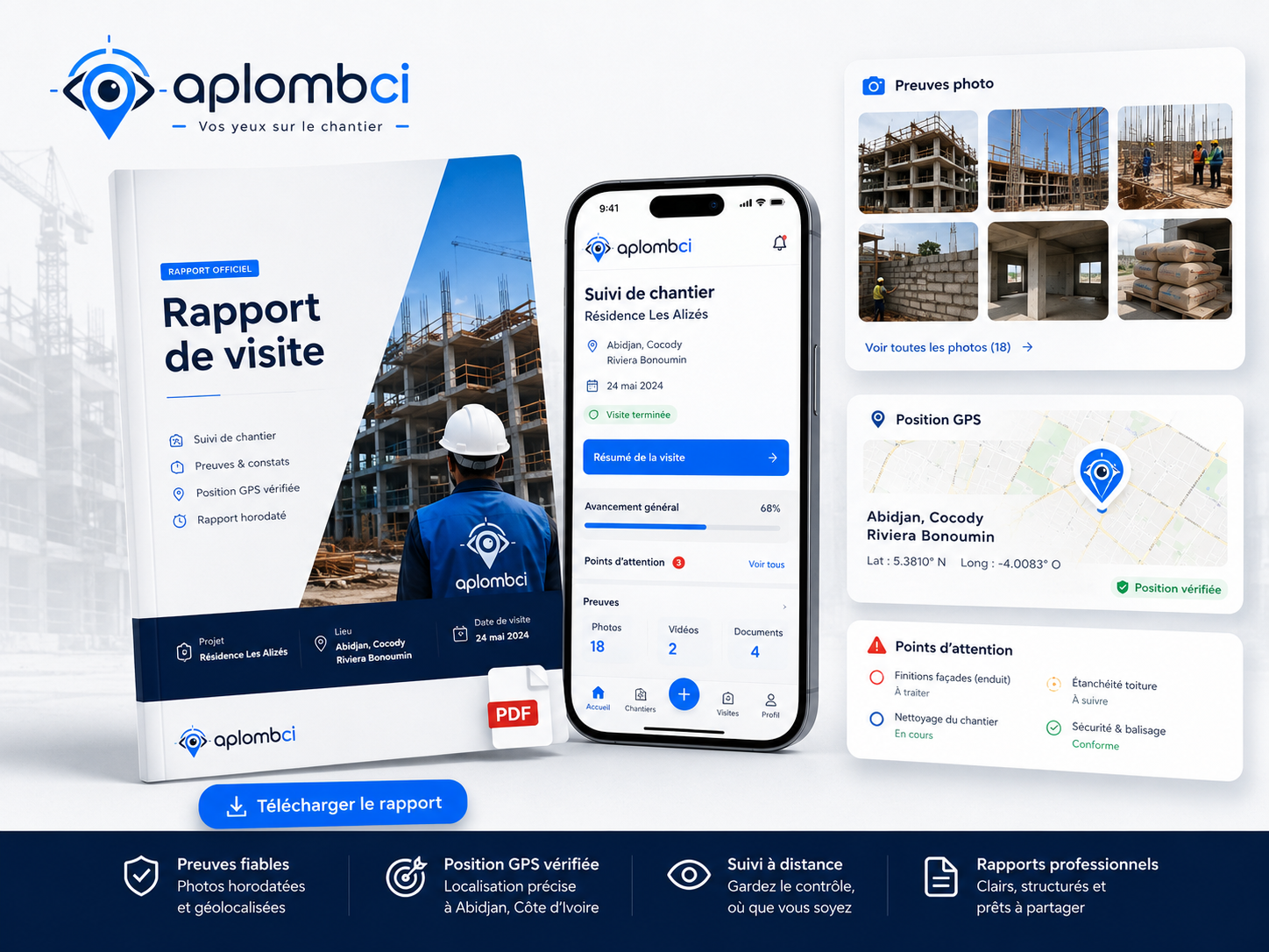 Rapport de visite Aplomb CI : preuves photo, position GPS vérifiée et points d'attention